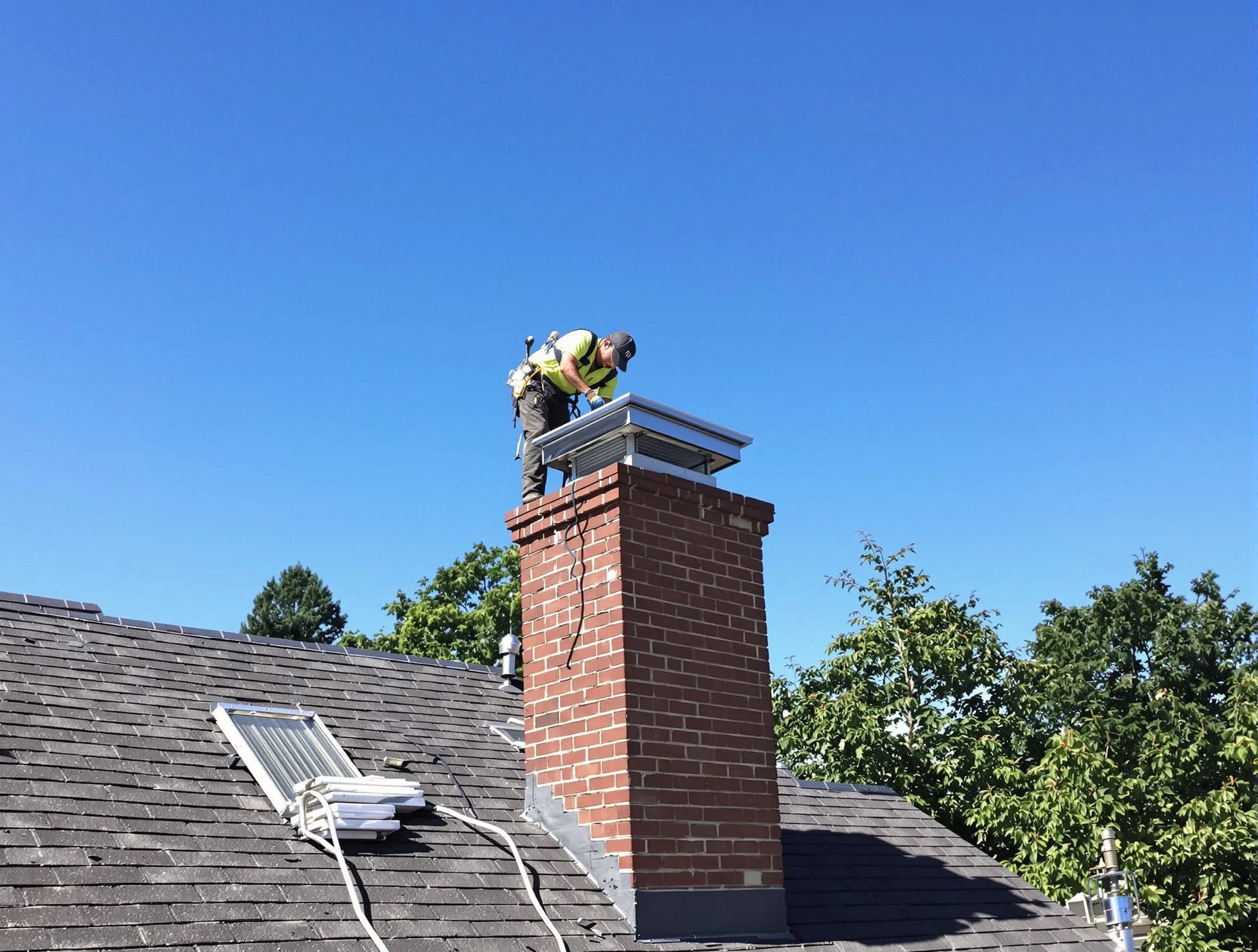 Freehold Chimney Sweep technician measuring a chimney cap in Freehold, NJ